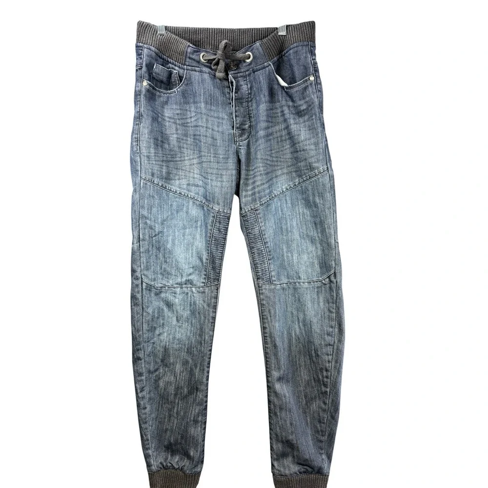 ZE ENZO99 Men's Denim Jogger Jeans 30R Blue Moto Drawstring Ribbed Cuff